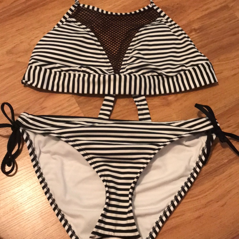 striped bathing suit set with mesh detailing